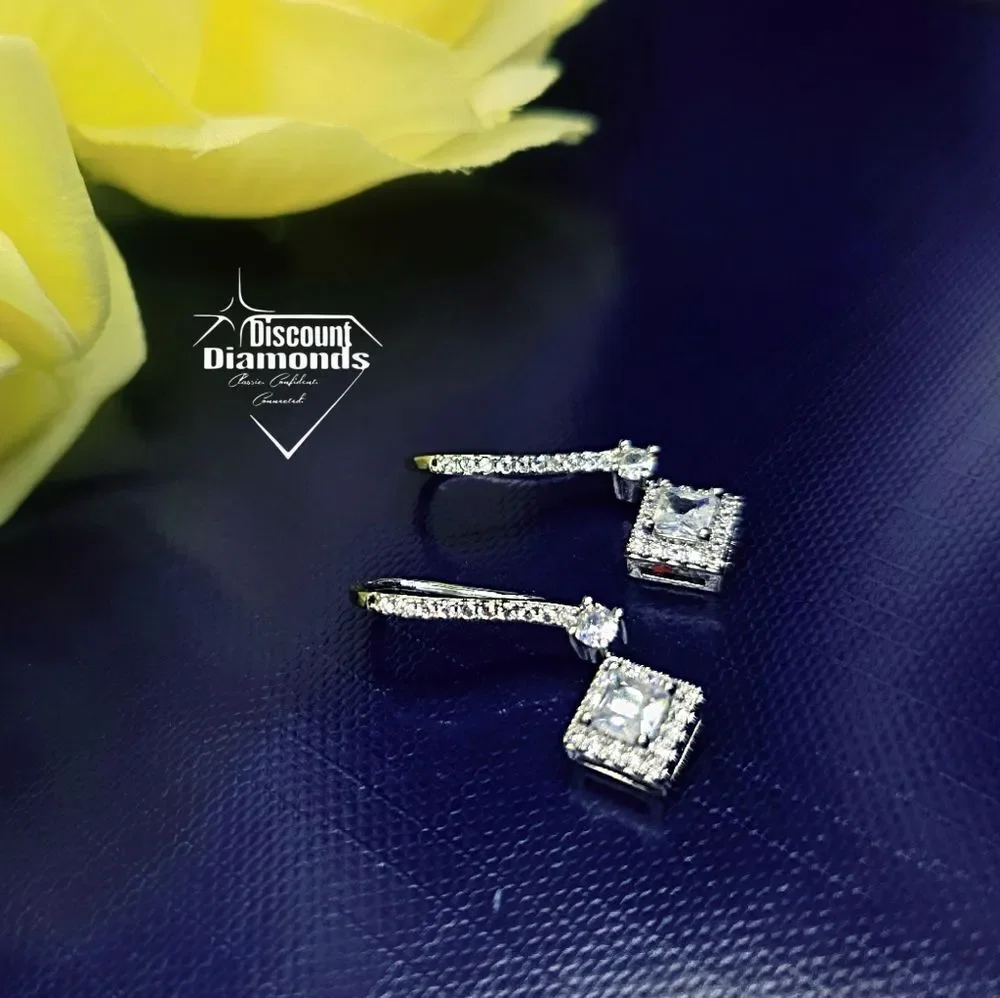 Princess Cut Clear White 2 Ct. Diamond Earrings on 925 Silver
